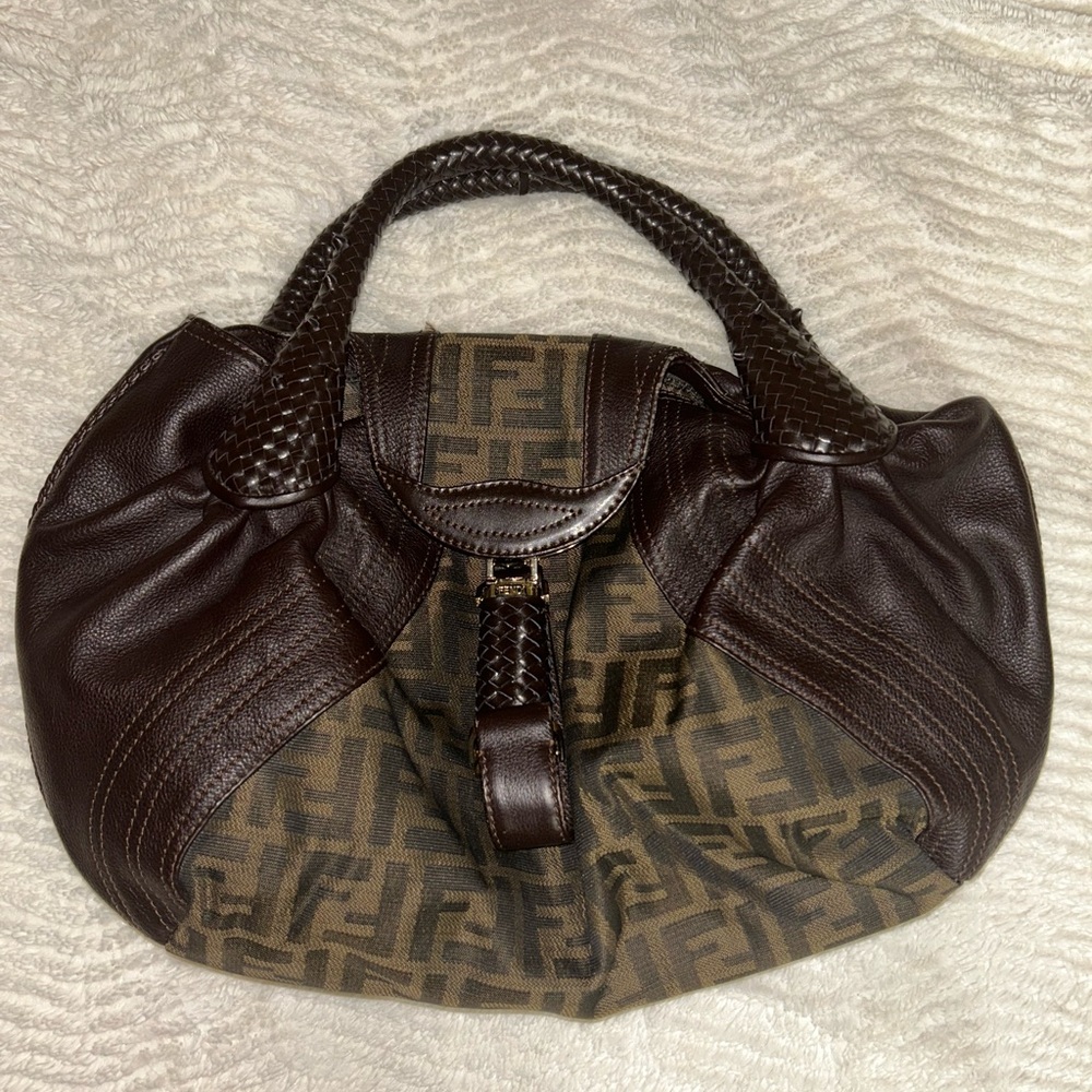 Designer-Inspired Brown Leather & Monogram Shoulder Bag